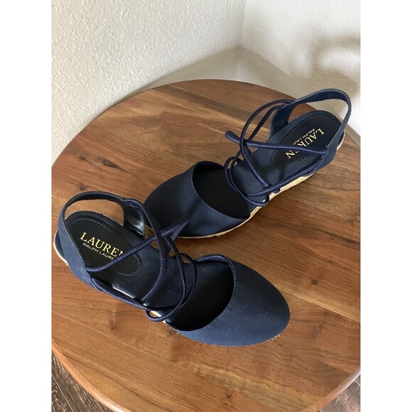 Ralph Lauren Sandals Womens 7 Caralee Espadrille Wedge Slingback Navy Fabric - Picture 2 of 5